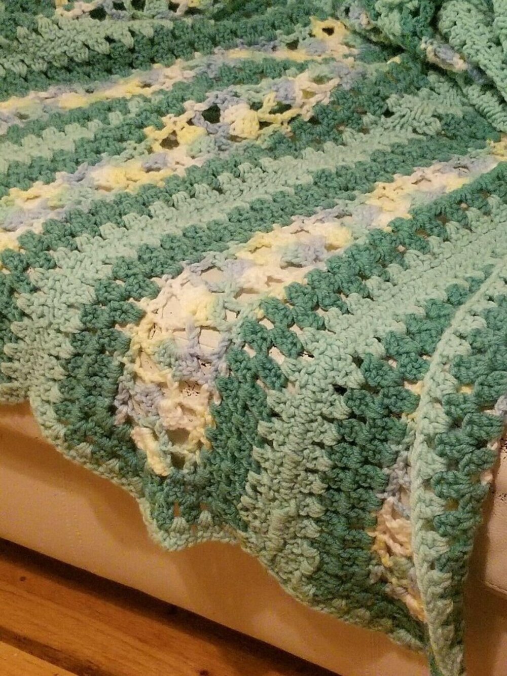 Vintage Hand-Crocheted Afghan Blanket Green & Pastel Stripes 45"x30" - Picture 3 of 4